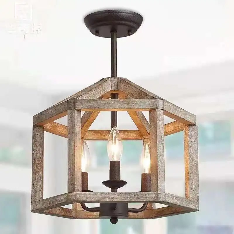 Vintage American style pendant light with a wood shade on a raw metal frame