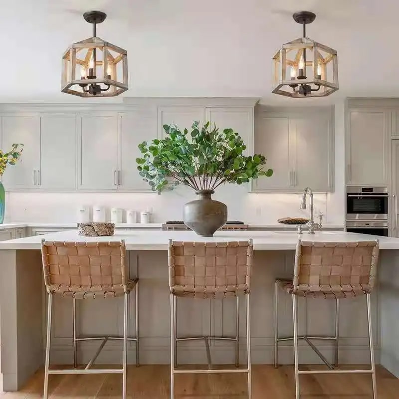 Vintage American style pendant light with a wood shade on a raw metal frame