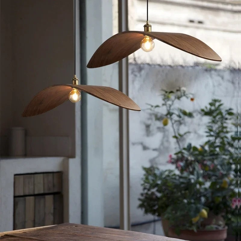 Long vintage arched brown wood pendant light