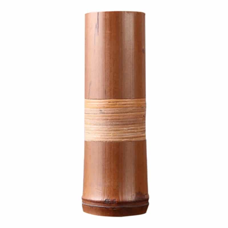 Brown bamboo tube vase with a woven band around the middle