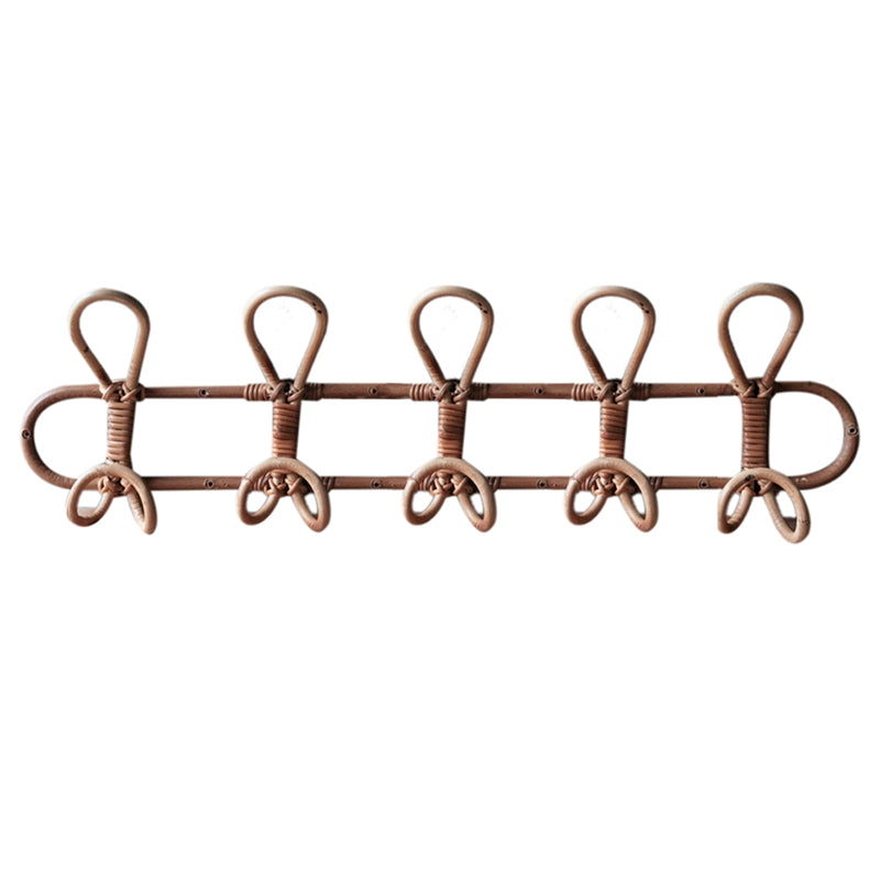 Round hand woven dark rattan wall hook with five hooks