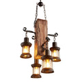 Vintage industrial pendant light with a rustic wood beam and iron fittings for four bulbs