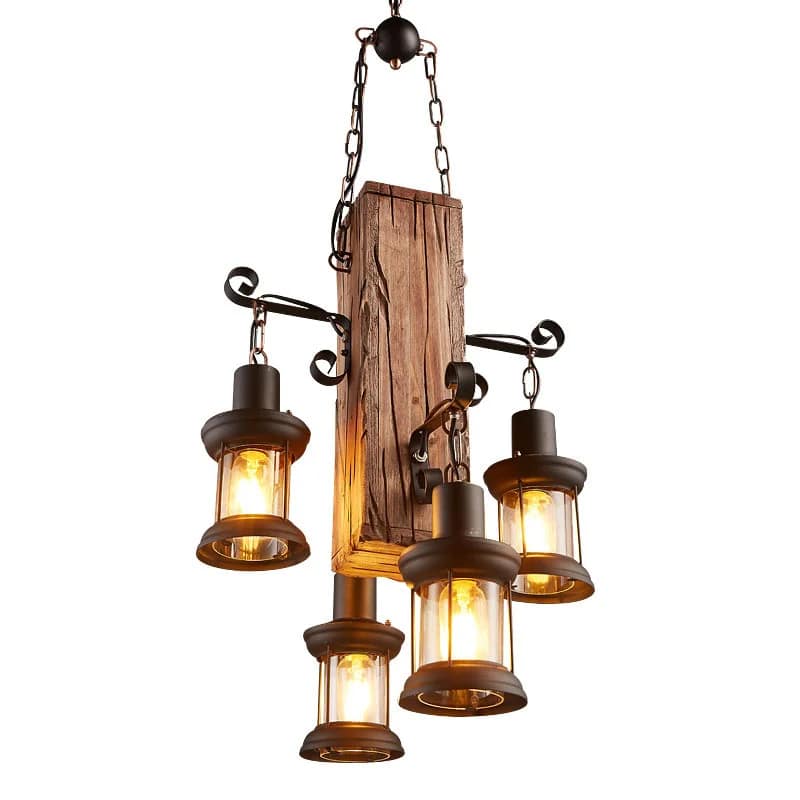 Vintage industrial pendant light with a rustic wood beam and iron fittings for four bulbs