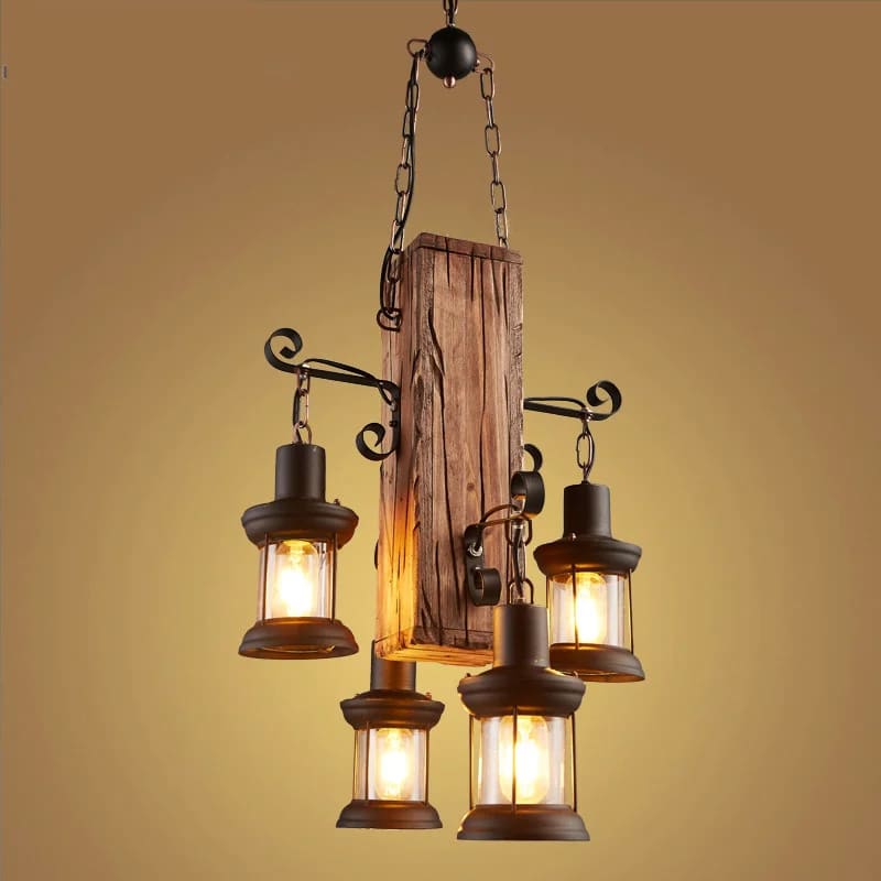 Vintage industrial pendant light with a rustic wood beam and iron fittings for four bulbs