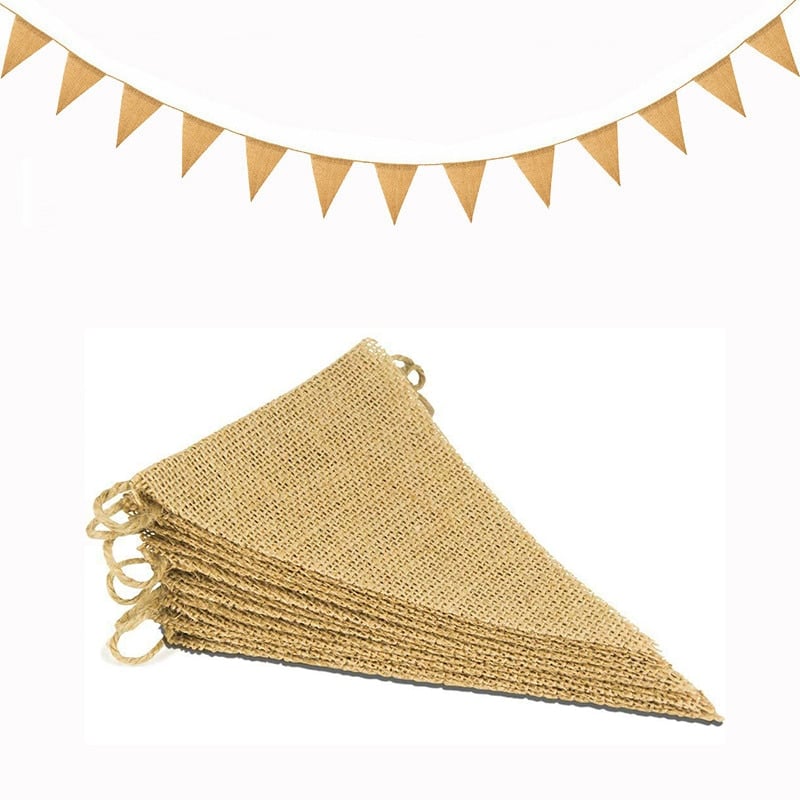 Vintage natural jute burlap pennant banner hung on a wall