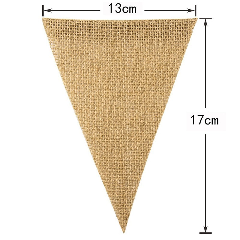 Vintage natural jute burlap pennant banner hung on a wall