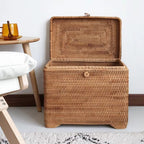 Rectangular brown woven rattan laundry hamper with lid