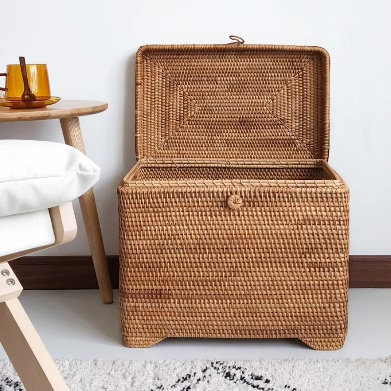 Rectangular brown woven rattan laundry hamper with lid