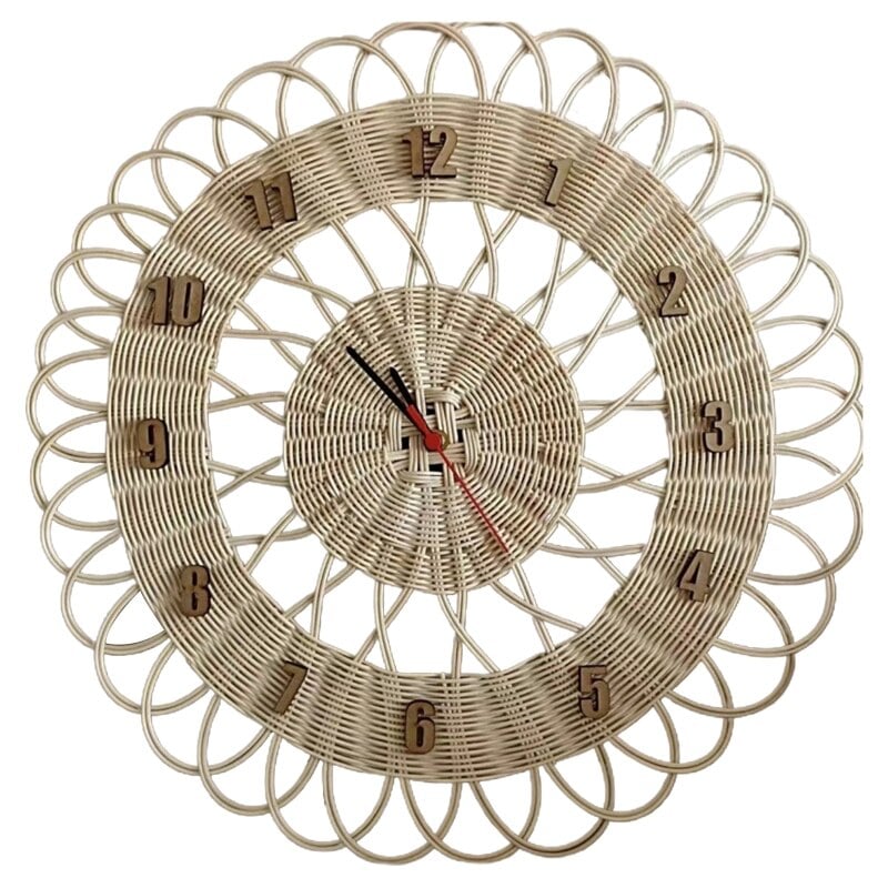 Woven rattan wall clock with vintage numbers and looped edge