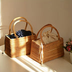 Honey rattan handbag with top handles and drawstring liner