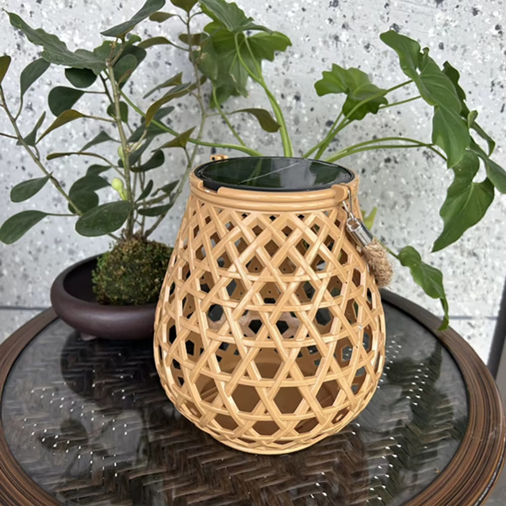 Round vintage style beige rattan look solar lantern