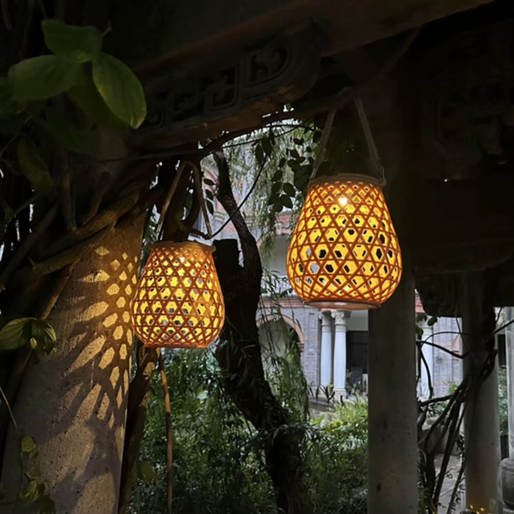 Round vintage style beige rattan look solar lantern