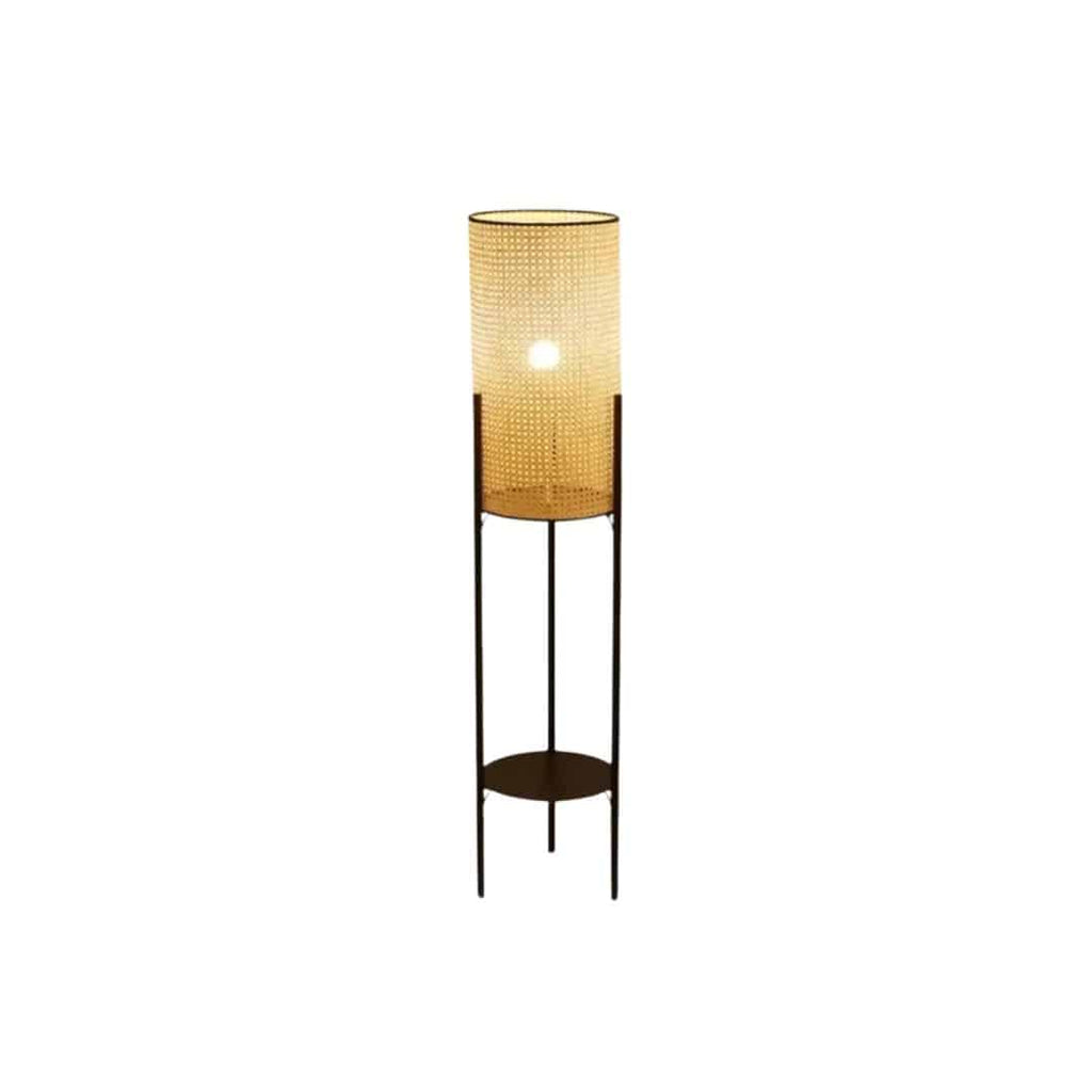 Vintage floor lamp with a hand woven rattan shade on a black iron tripod