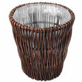 Round brown rattan wastebasket with a vintage woven pattern