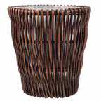 Round brown rattan wastebasket with a vintage woven pattern