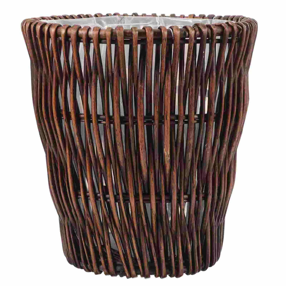 Round brown rattan wastebasket with a vintage woven pattern