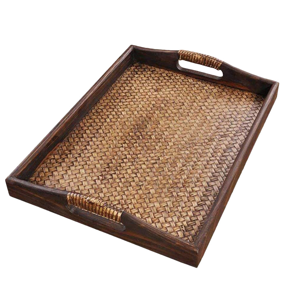 Vintage style rectangular rattan serving tray with handles