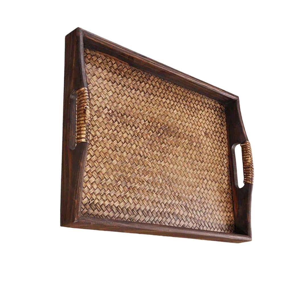 Vintage style rectangular rattan serving tray with handles
