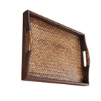 Vintage style rectangular rattan serving tray with handles