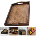 Vintage style rectangular rattan serving tray with handles