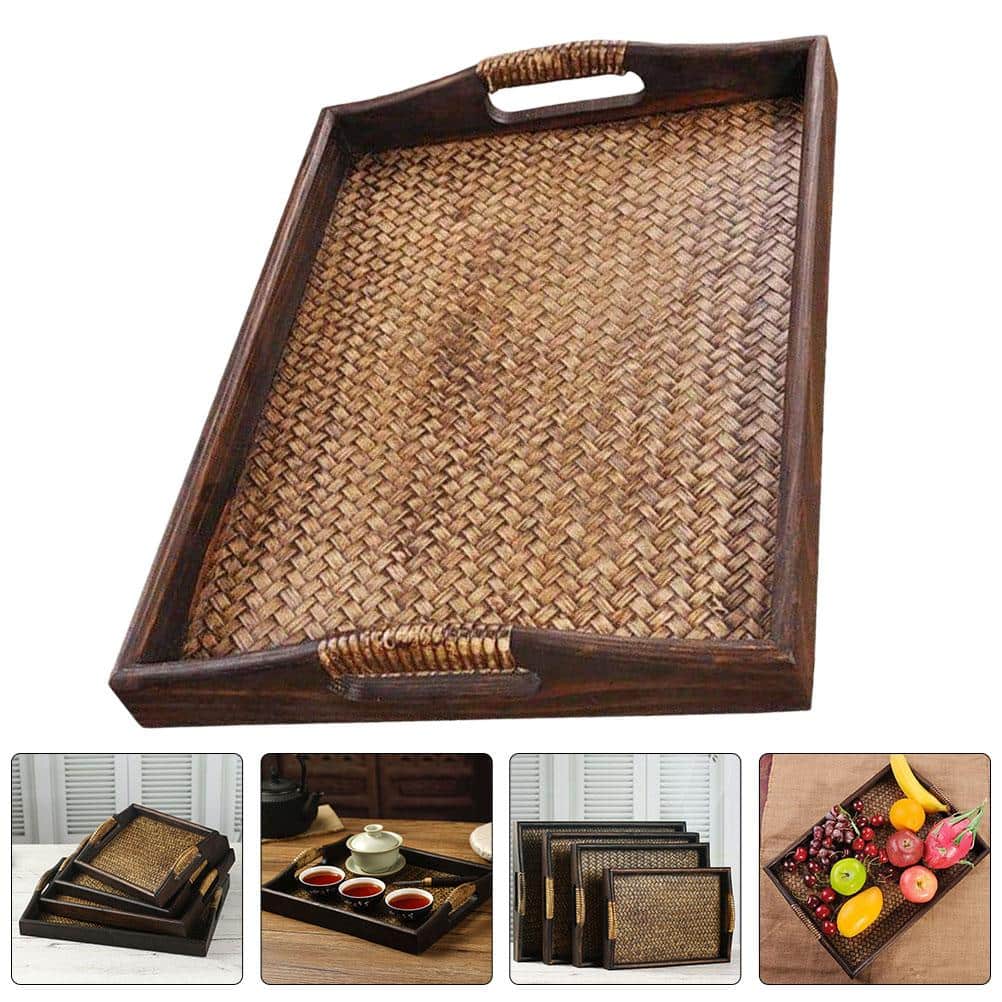 Vintage style rectangular rattan serving tray with handles