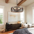 Vintage round chandelier with a raw wood ring hung on dark metal rods