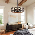 Vintage round chandelier with a raw wood ring hung on dark metal rods