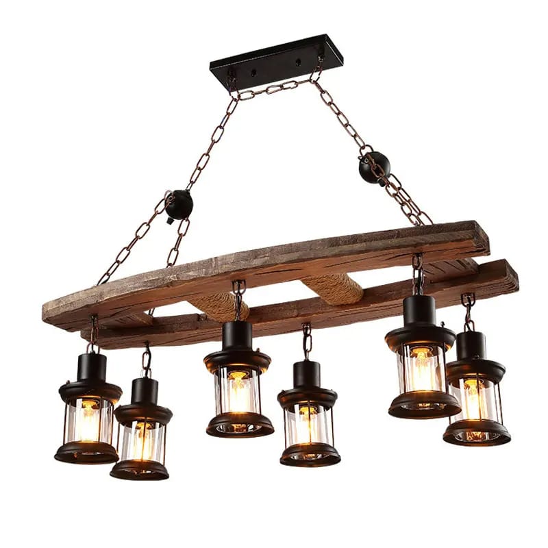 Vintage pendant light with a natural wood branch and six glass and metal lanterns