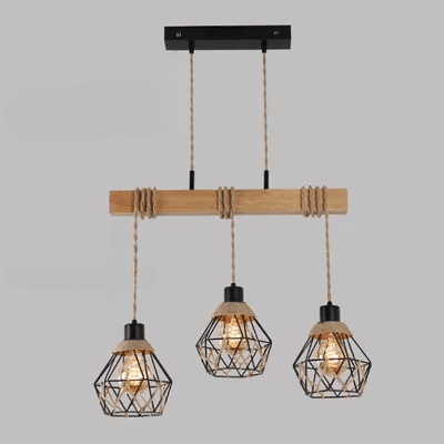 Vintage pendant light in natural wood hung by braided hemp rope