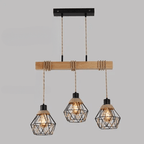 Vintage pendant light in natural wood hung by braided hemp rope