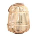 Square woven bamboo and rattan candle lantern with an arched handle