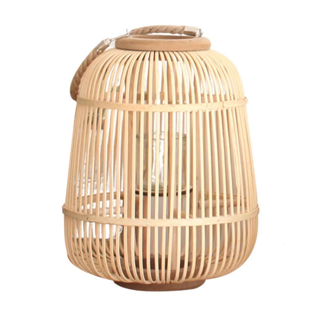 Square woven bamboo and rattan candle lantern with an arched handle
