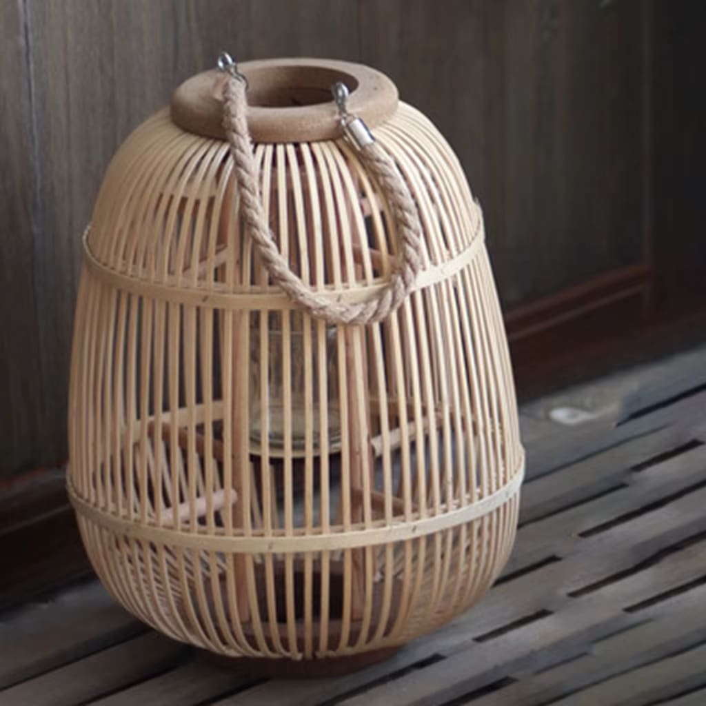 Square woven bamboo and rattan candle lantern with an arched handle