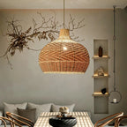 Rounded vintage chandelier hand woven in beige and brown wicker