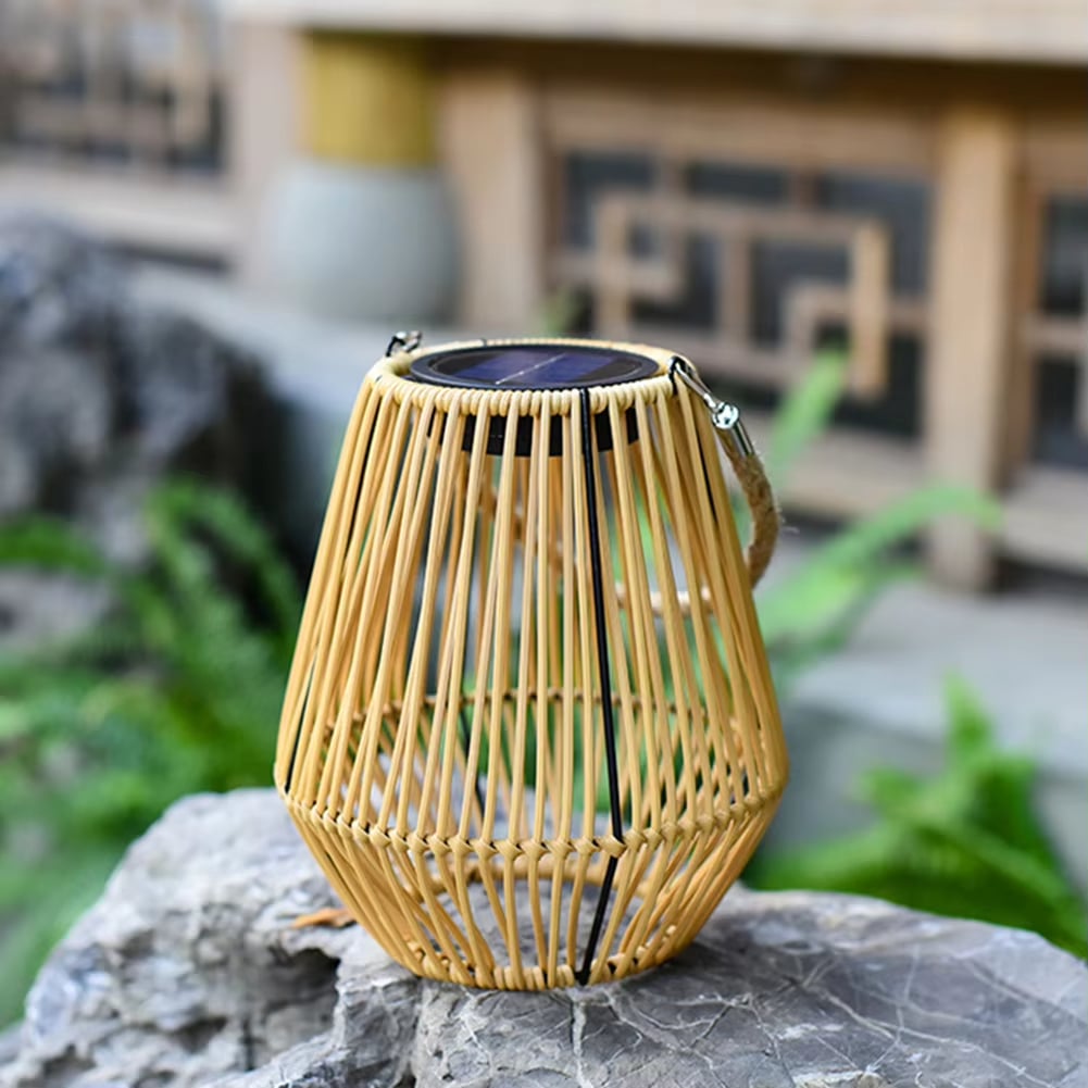 Hand woven beige rattan solar lantern for outdoor use