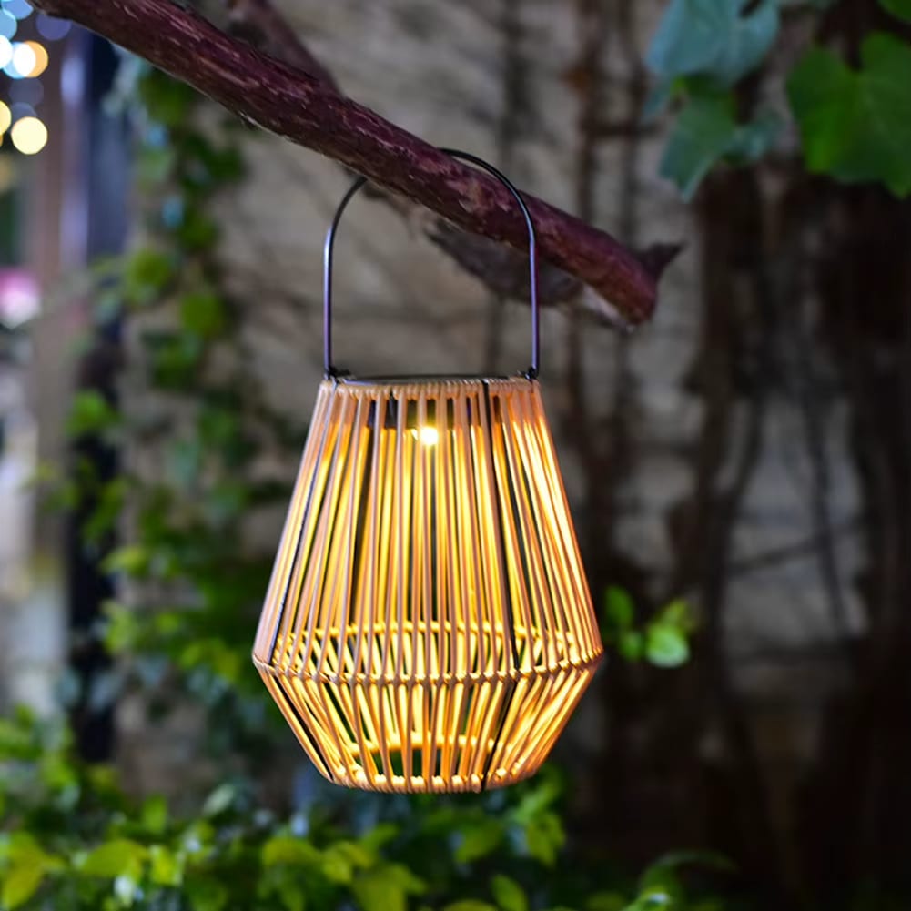 Hand woven beige rattan solar lantern for outdoor use