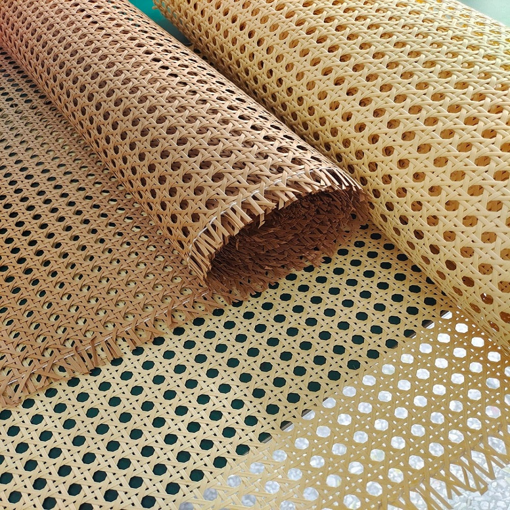 Roll of waterproof synthetic rattan cane webbing in beige or brown
