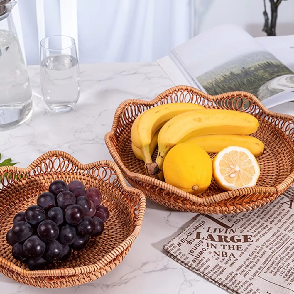 Shallow round brown rattan fruit basket with wavy rim