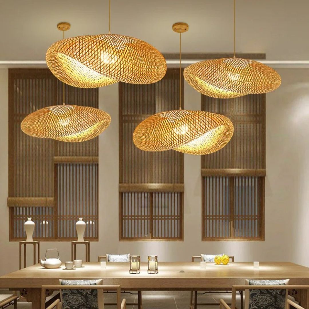 Round chandelier with softly wavy rings hand woven in natural rattan