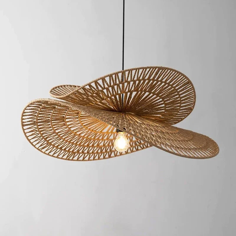 Wide wavy disc rattan pendant with radiating weave