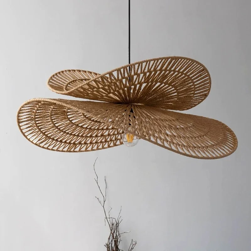 Wide wavy disc rattan pendant with radiating weave