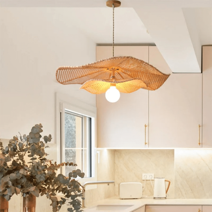 Wavy petal shaped rattan pendant light