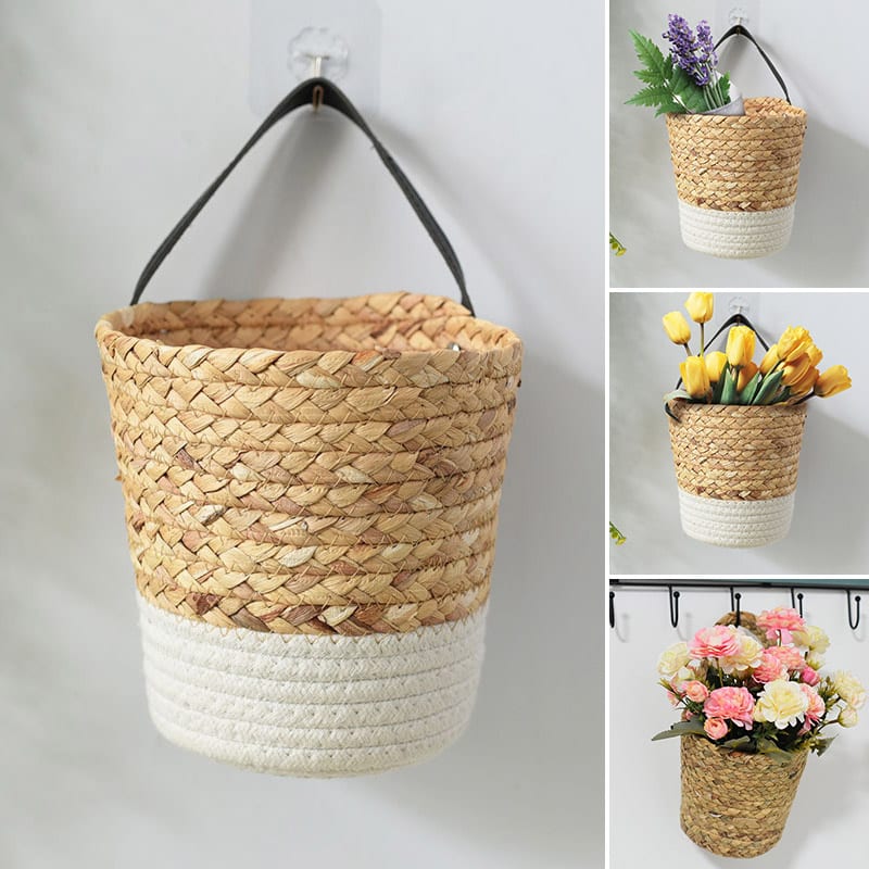 Seagrass wall basket with a white dipped base holding tulips