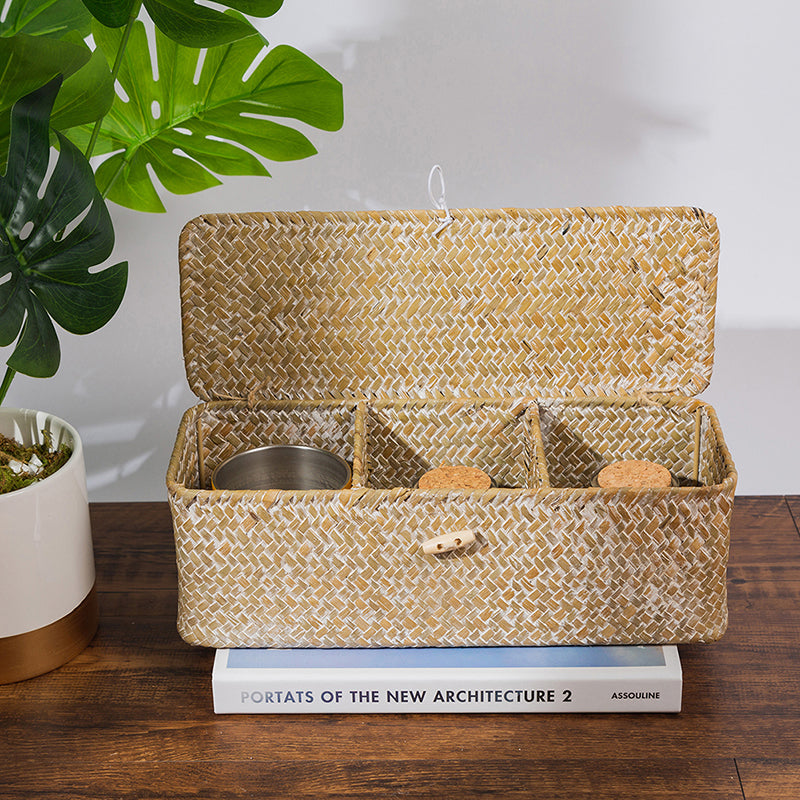 White woven rattan box with three separate compartments