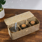 White woven rattan box with three separate compartments