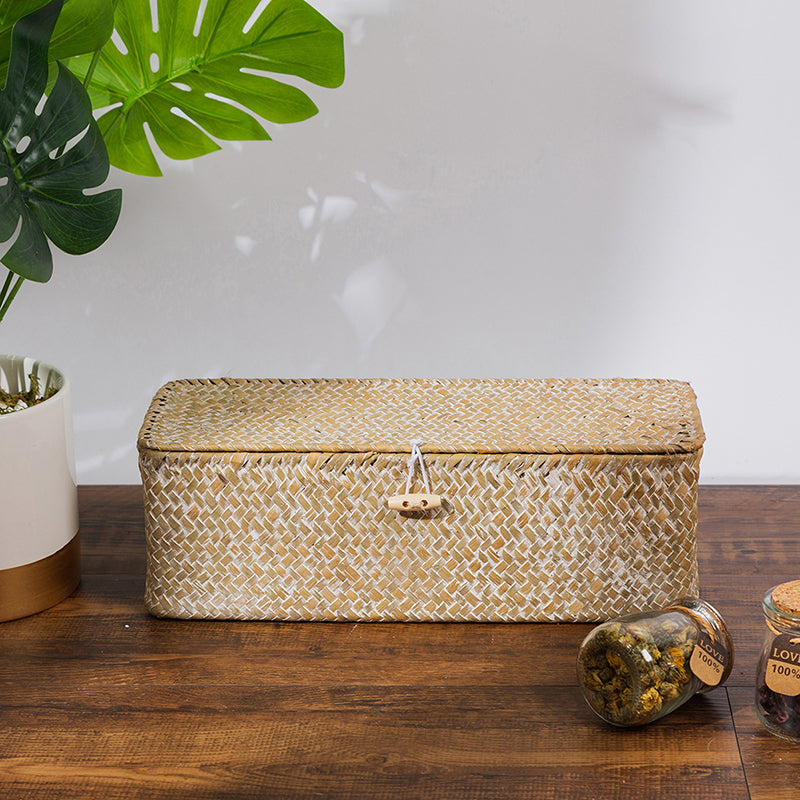 White woven rattan box with three separate compartments