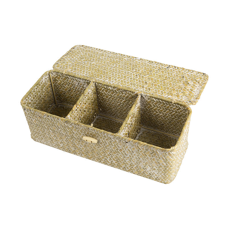 White woven rattan box with three separate compartments