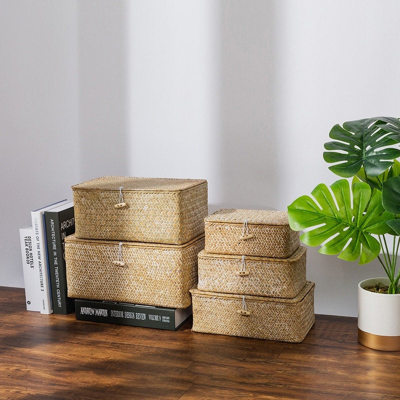 White hand woven rattan trunk box with a lid, offered in five sizes