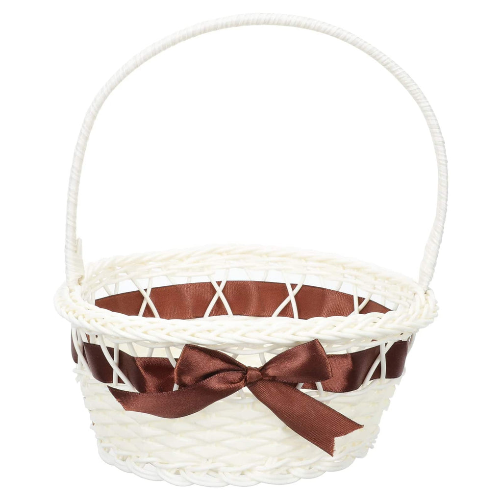 White wicker look basket with brown satin bow and tall handle