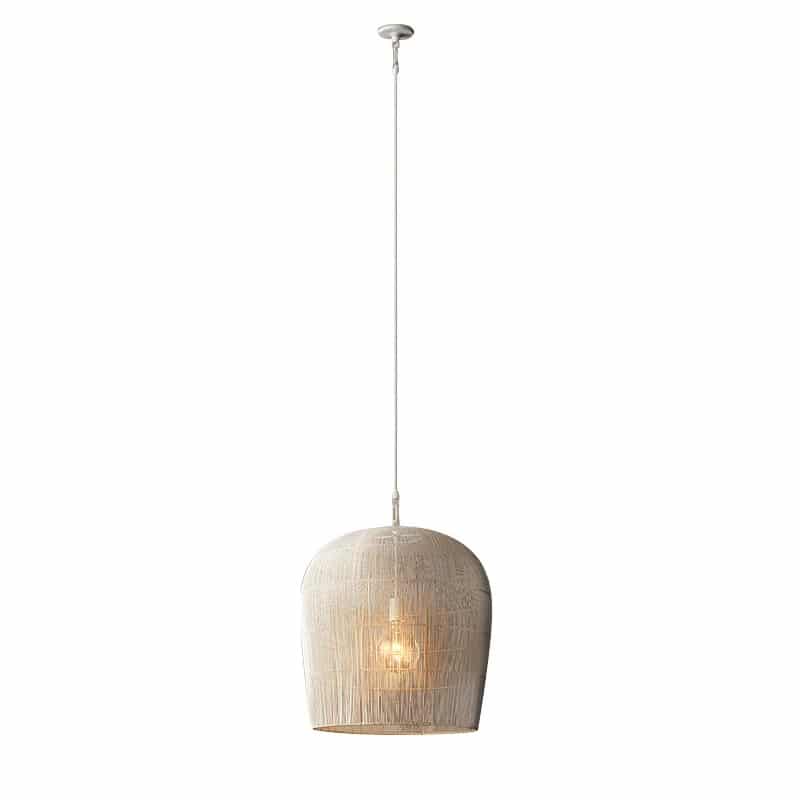 Small white woven rattan bell pendant in a living room